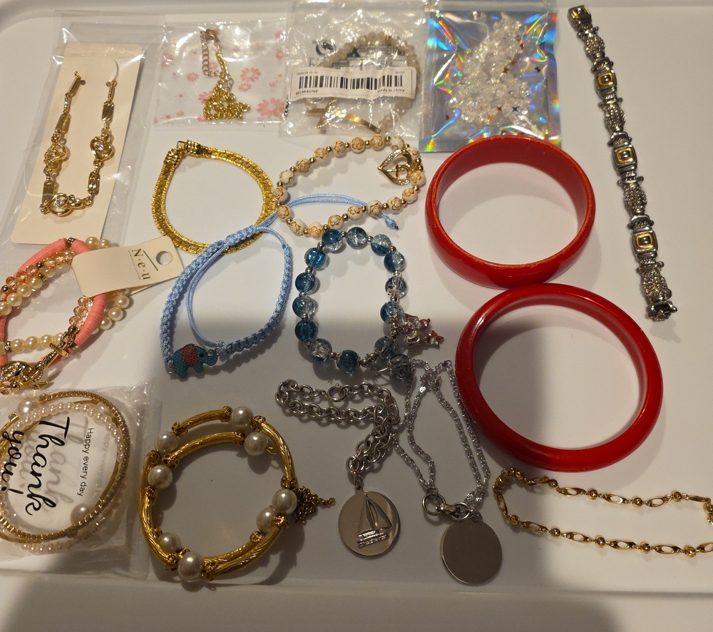 Assorted Women’s Fashion Bracelets and Bangles - Red, Gold, Silver, Blue, Pearl